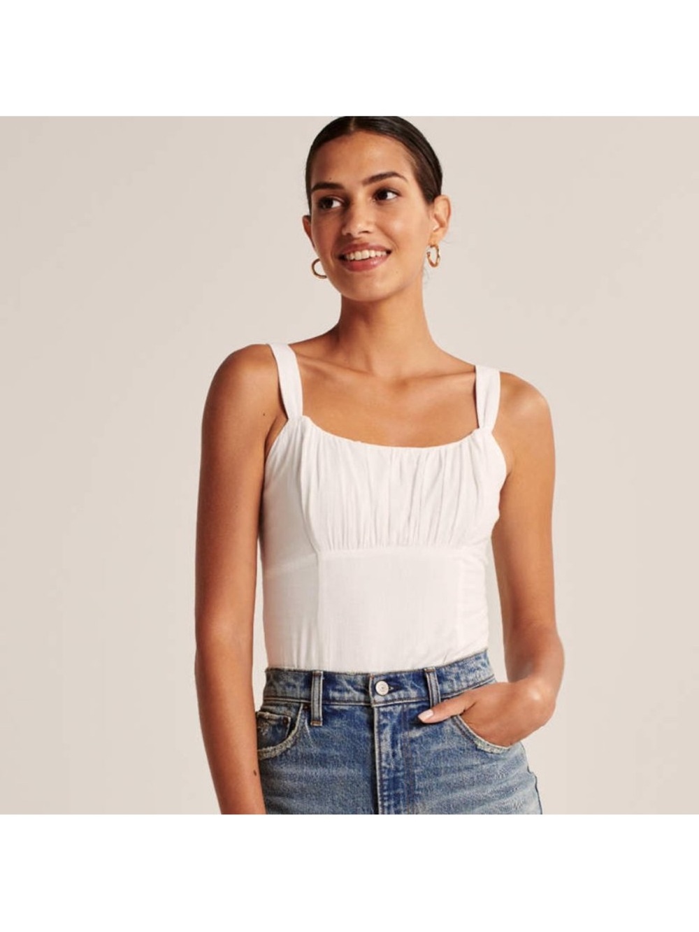 Abercrombie & Fitch White Ruched Square-Neck Bodysuit
